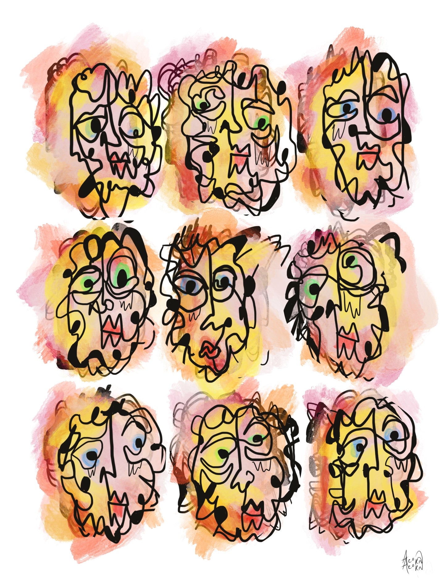Continuous Line Face Illustration Print in Yellow Colors