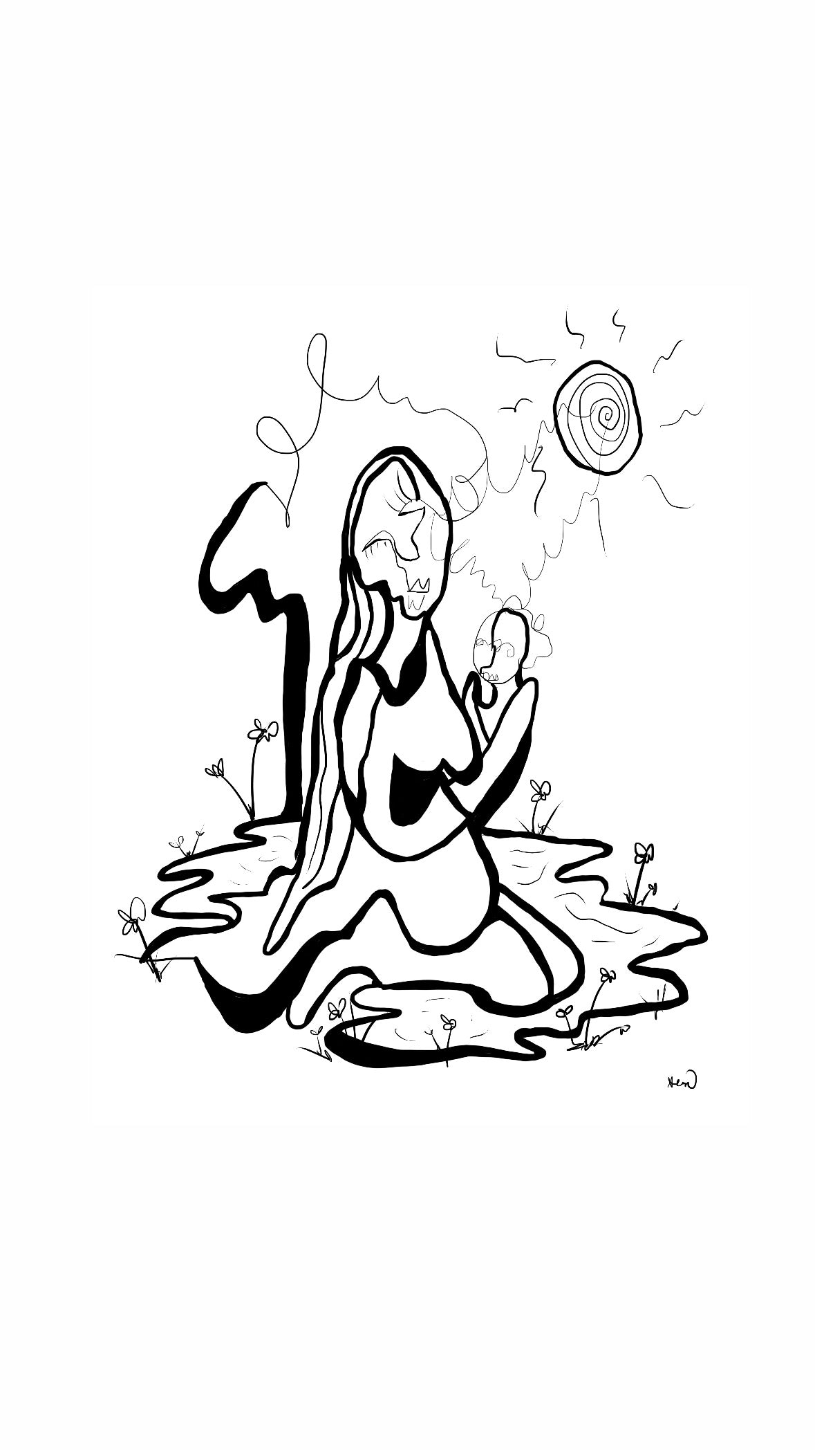 “Mother” Black and White Illustration Doodle Print