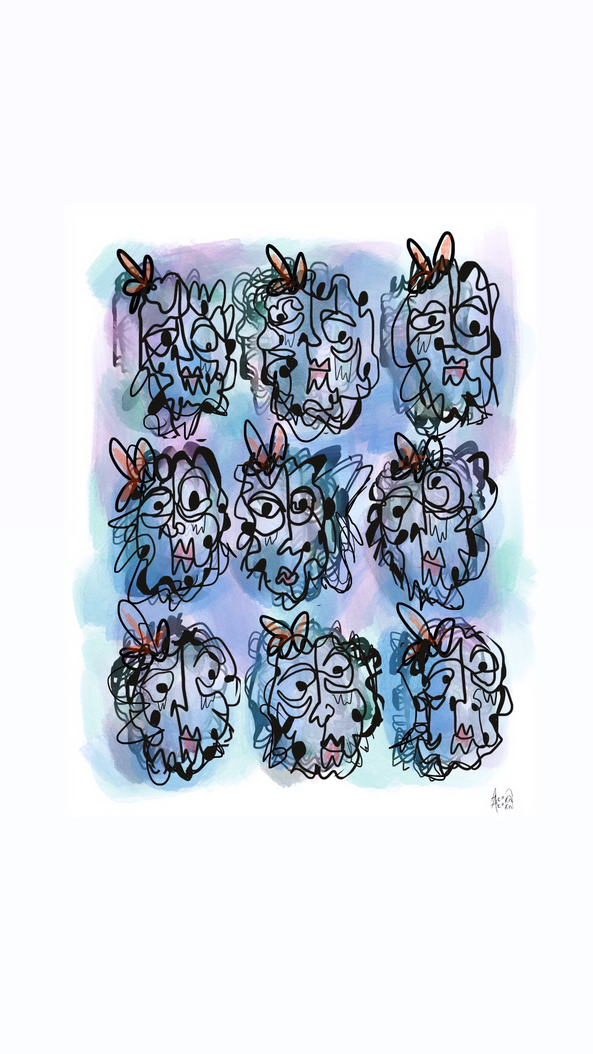 Continuous Line Face Illustration Print in Cool Colors