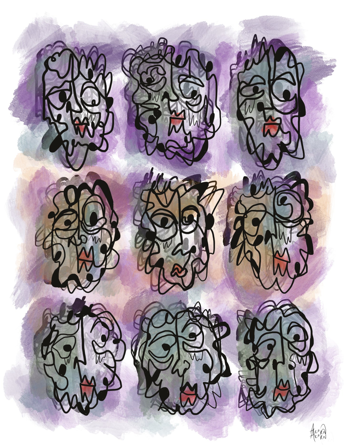 Continuous Line Face Illustration Print in Purple Colors