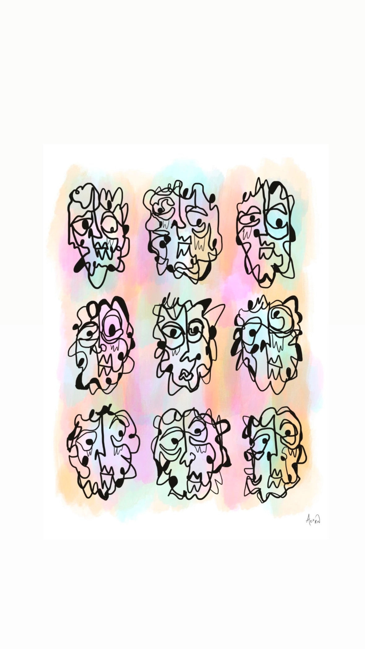 Continuous Line Face Illustration Print in Pastel Colors *On Sale*