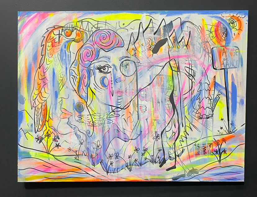 “Introspection” Original Layered Acrylic and Ink Painting on 30x40in (1inch wide) canvas.