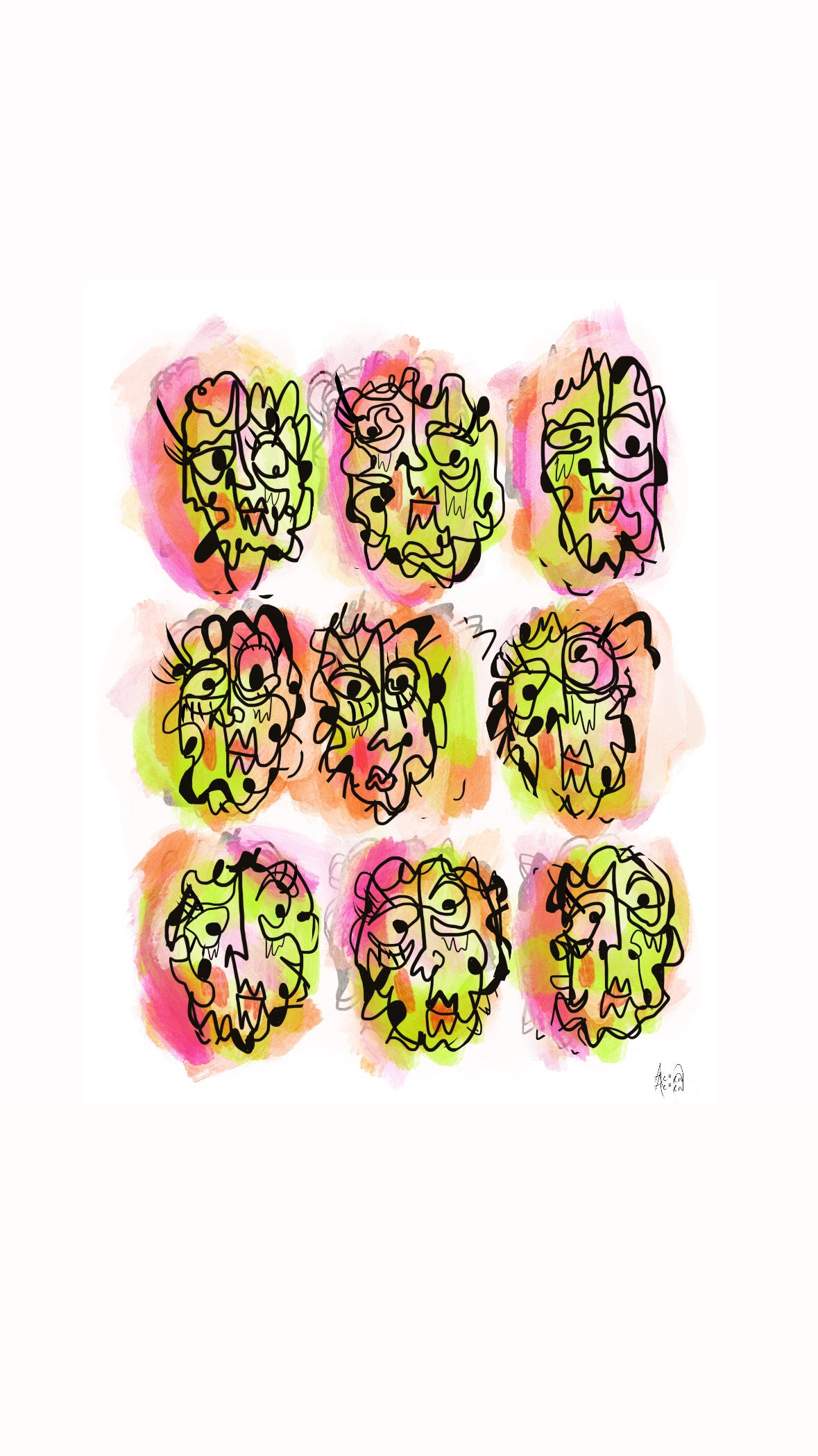 Continuous Line Face Illustration Print in Neon Colors