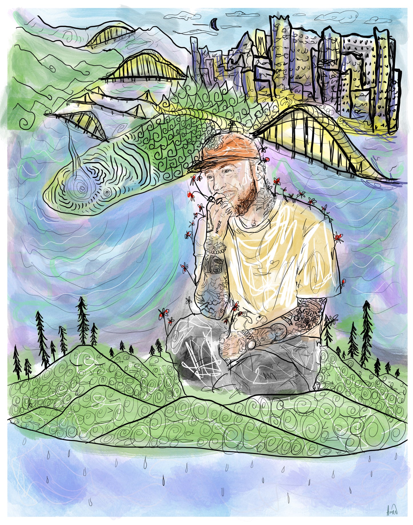 “Mac Miller” Blue Ink and Watercolor Illustration Print *On Sale*