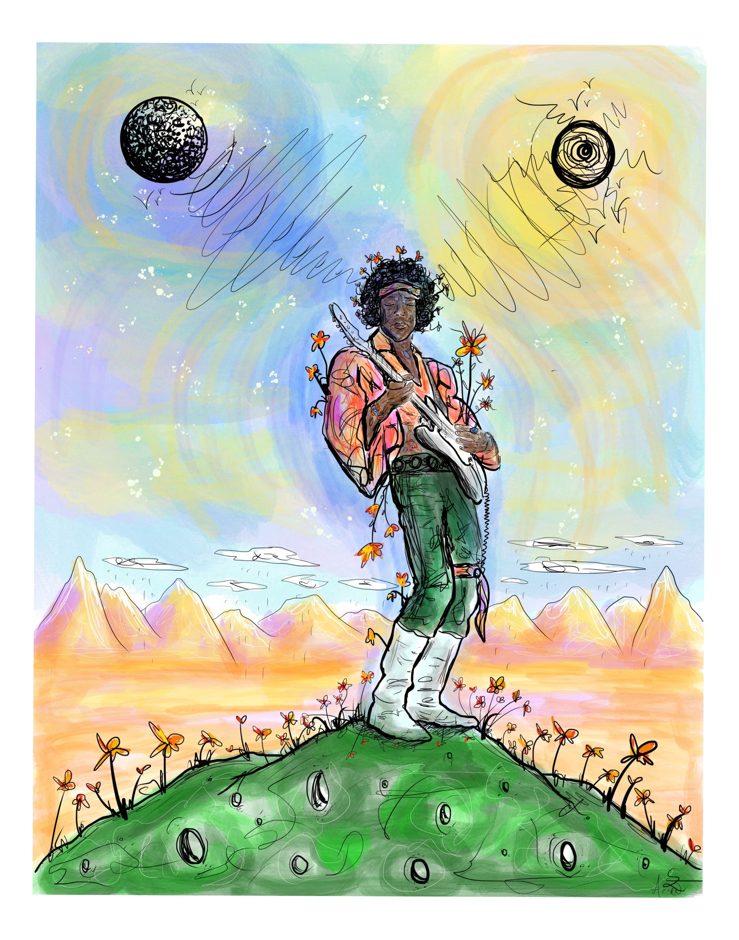 “Castles Made of Sand” Jimi Hendrix Ink Illustration Print