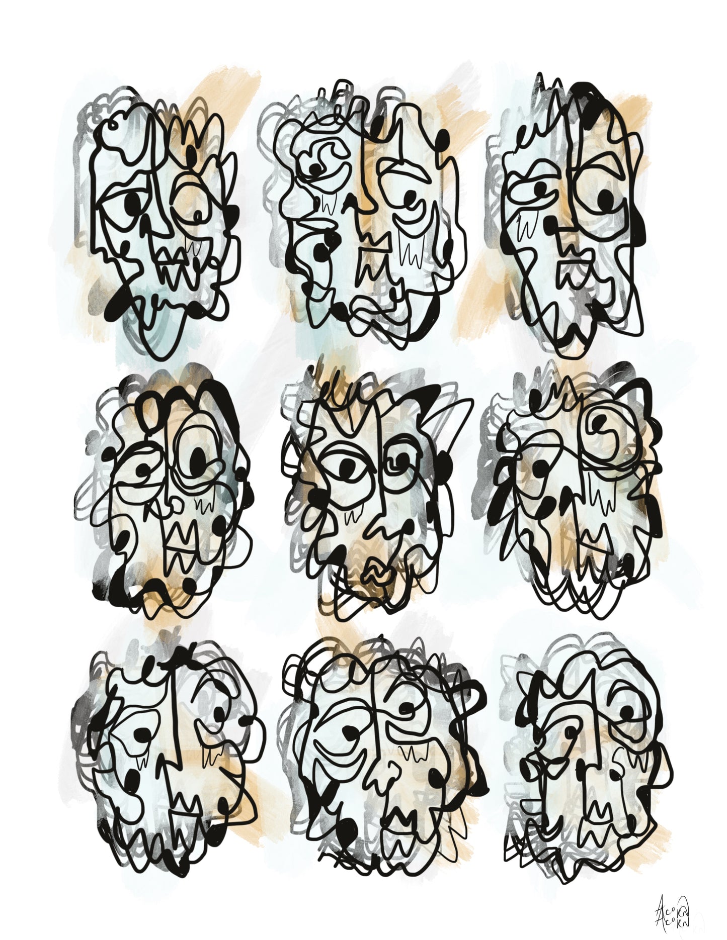 Continuous Line Face Illustration Print in Faded Blue Colors *On Sale*