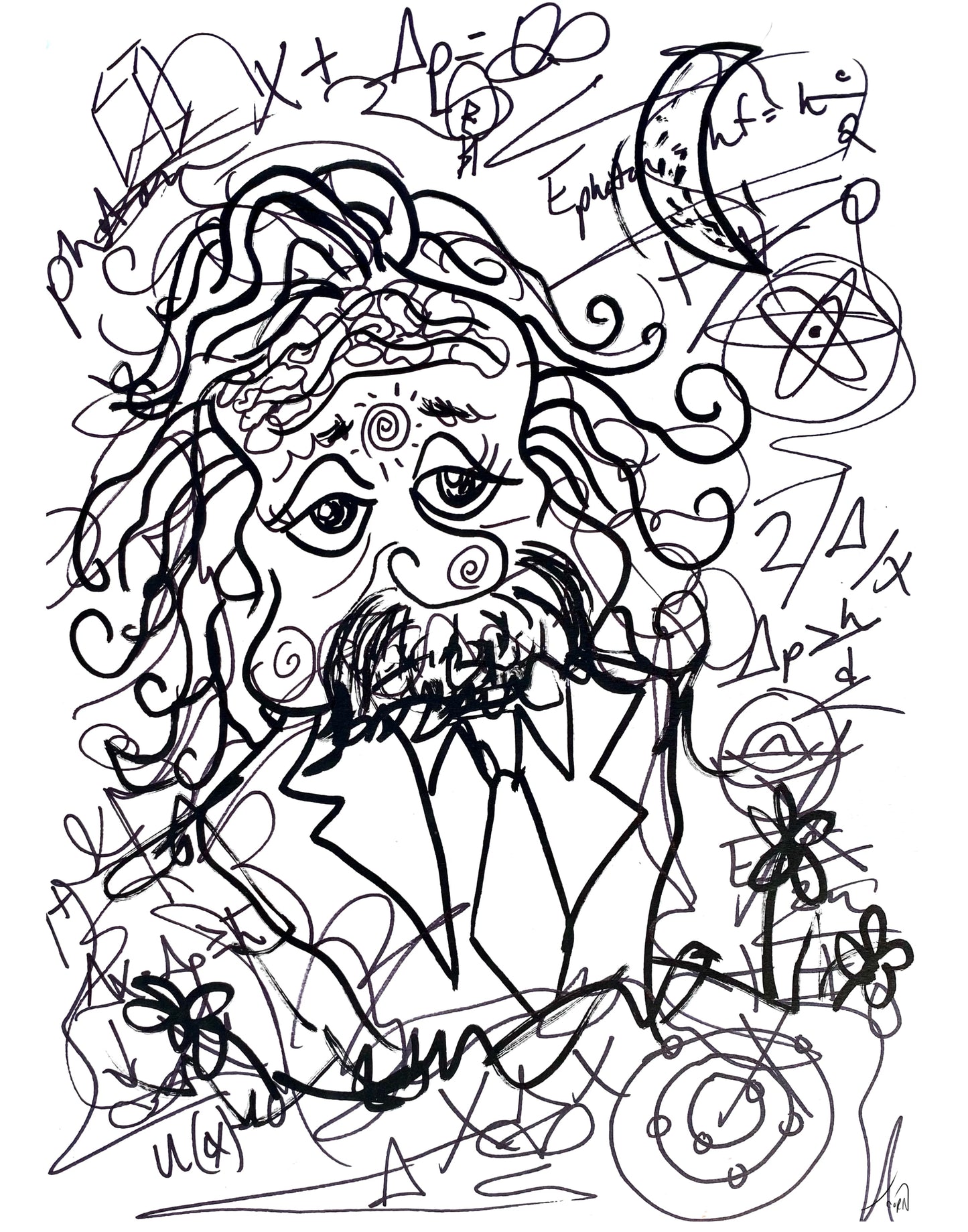 “Einstein” Black and White Abstract Illustration Doodle Print