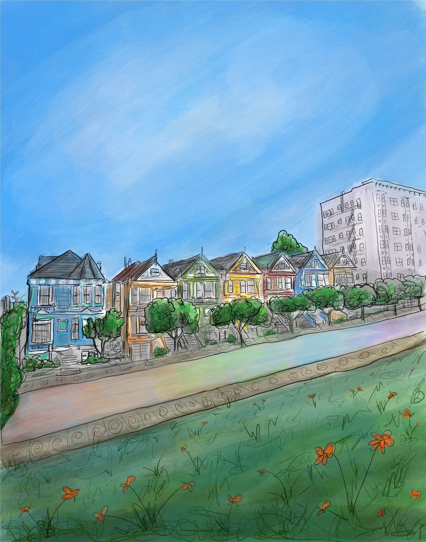 The Painted Ladies Doodle Illustration Print. *On Sale*