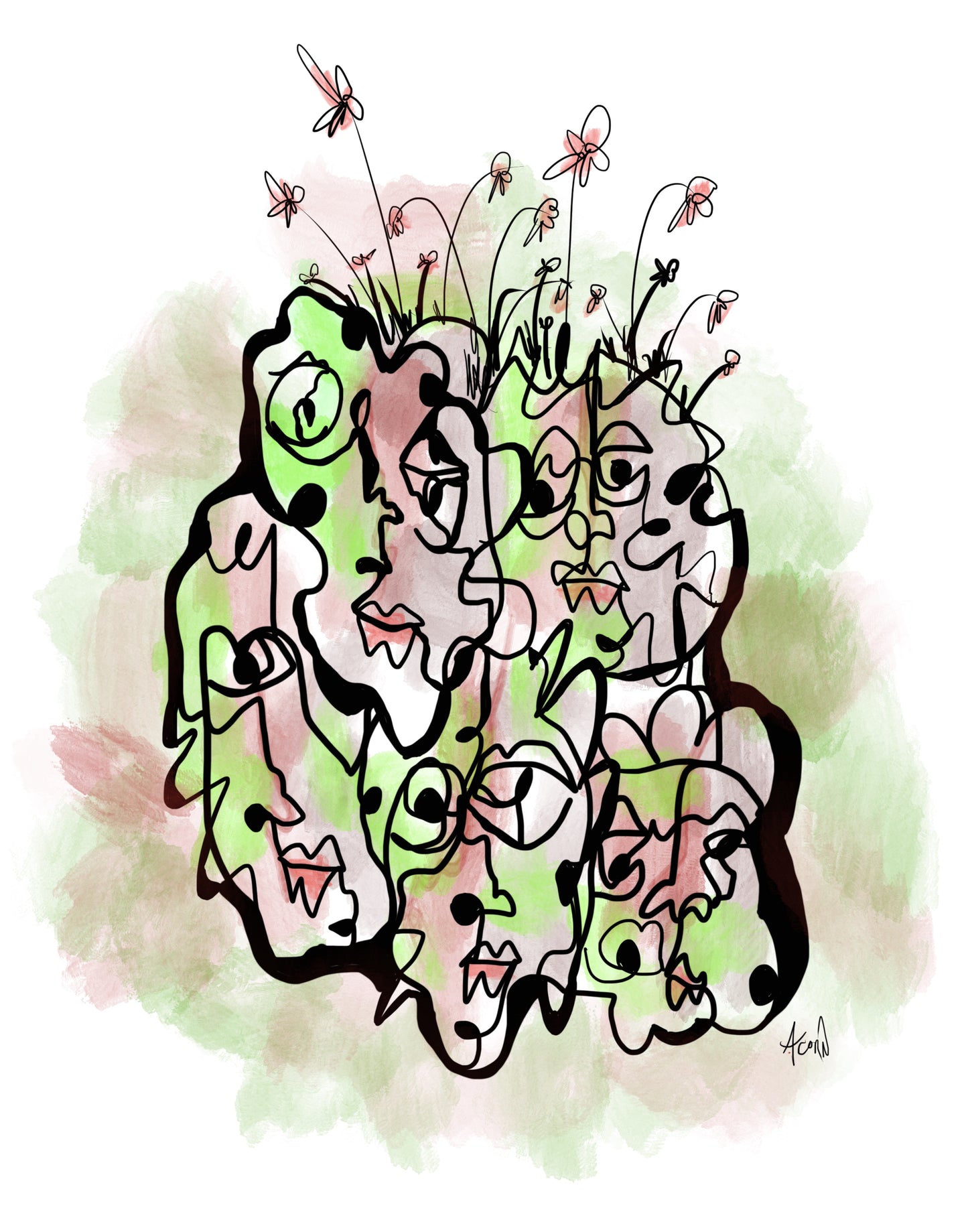 “Continuous Line Scribble Faces” Illustration Print