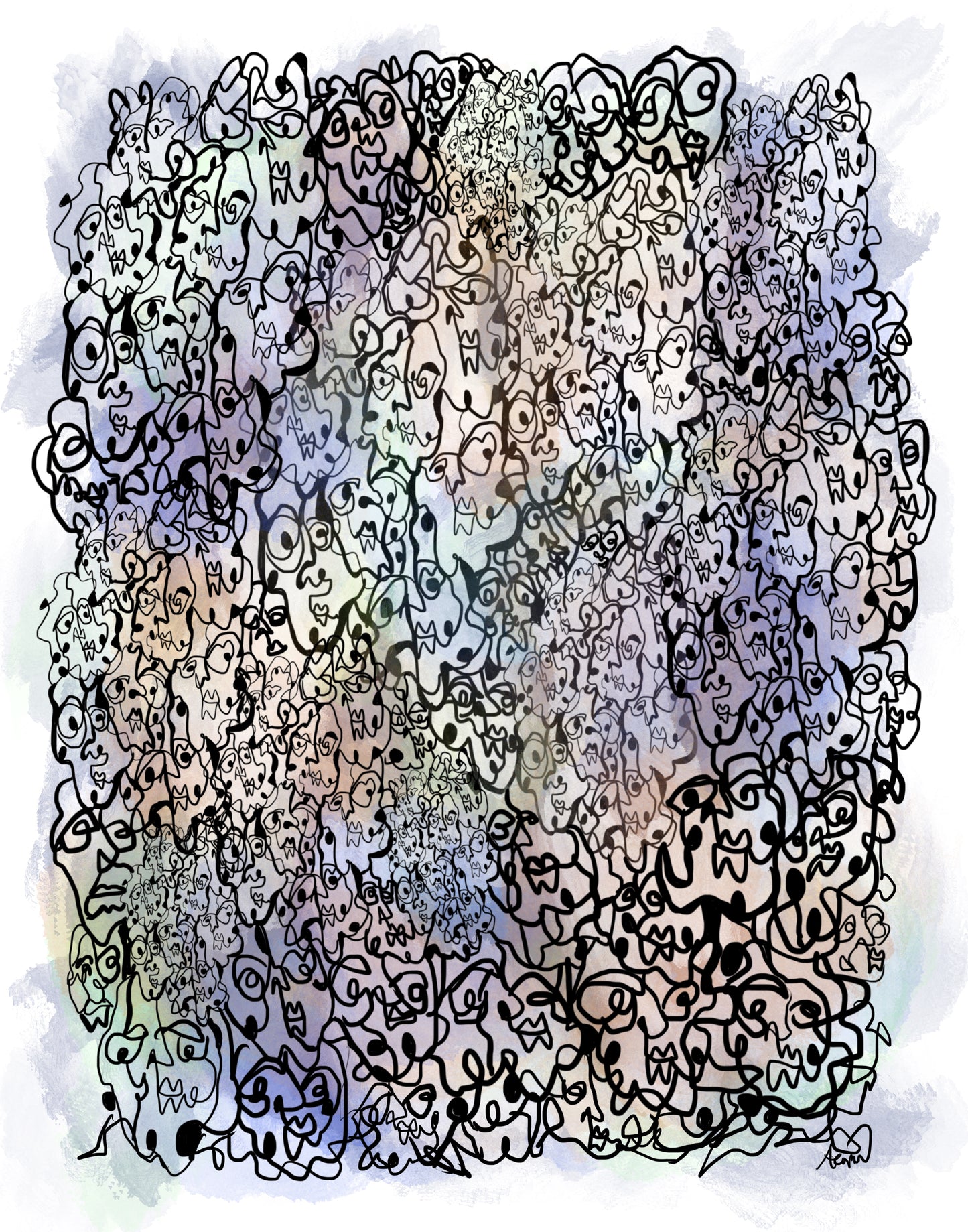 “Scribbled Continuous Line Faces in Muted Colors” Ink Illustration Print.