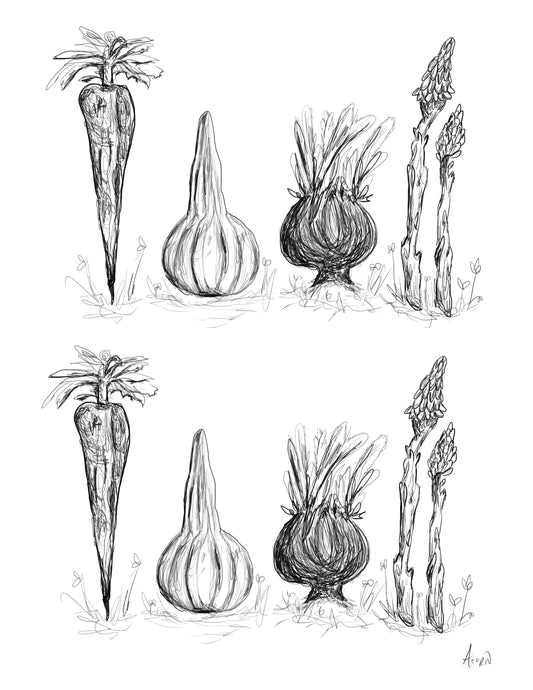 “Shrooms & Veggies” Black and White lllustration Prints *2 prints for the price of 1 deal!!*