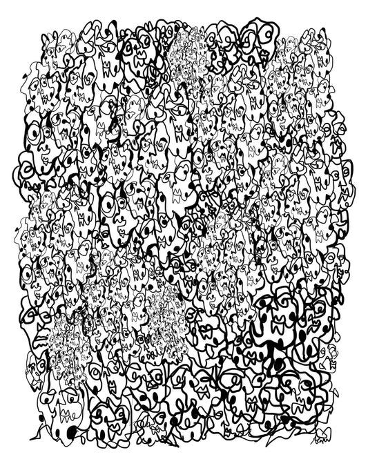 “Scribbled Continuous Line Faces” Ink Illustration Print